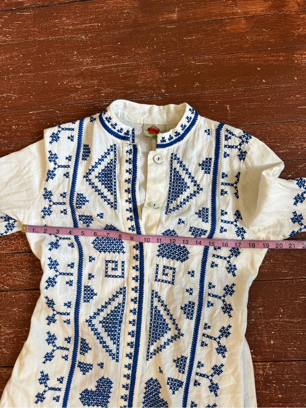 FARM Rio White Blue Cross Stitch Embroidered Midi Dress Band Collar Belt M - Picture 6 of 8